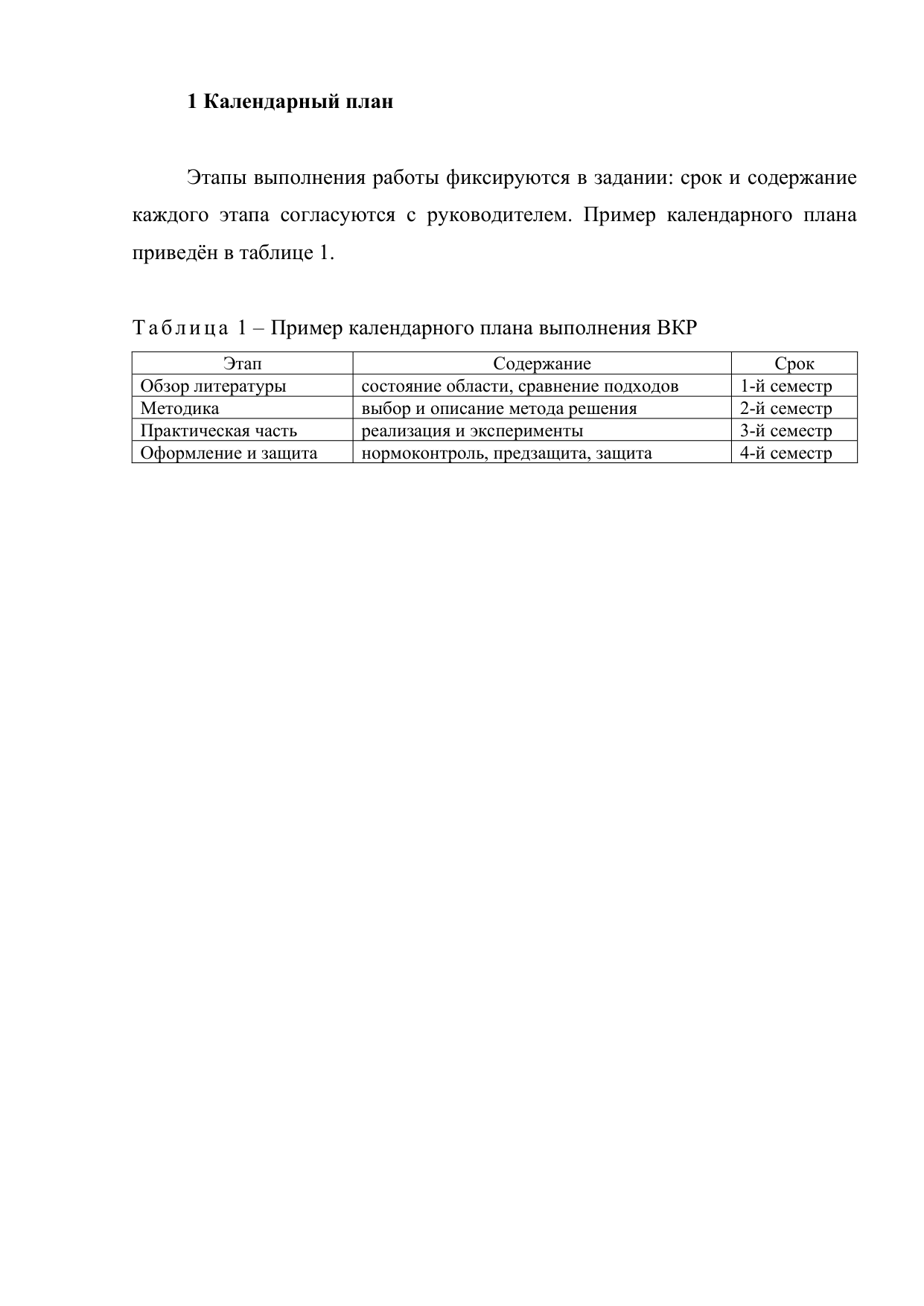 Оттиск страницы с календарным планом выполнения ВКР: таблица этапов с подписью «Т а б л и ц а 1 – …» по ГОСТ 7.32